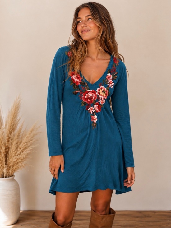Johnny Was Dresses & Skirts - Johnny Was Embroidered Floral Teal Dress Vneck Aline Boho size Small